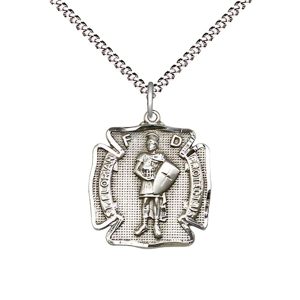 Bliss St. Florian Sterling Silver Maltese Cross Medal Necklace with Rhodium-plated Light Curb Chain