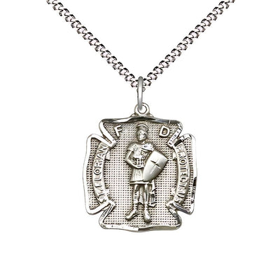 St. Florian Sterling Silver Maltese Cross Medal Necklace with Rhodium-plated Light Curb Chain, Bliss Manufacturing