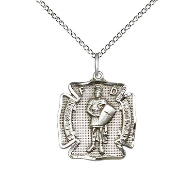 St. Florian Sterling Silver Maltese Cross Medal Necklace with Sterling Silver Light Curb Chain, Bliss Manufacturing