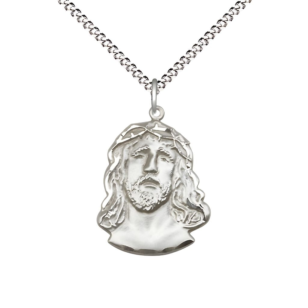Bliss Profile of the Ecce Homo | Crown of Thorns sterling silver pendant with Rhodium-plated Light Curb Chain with Lobster Claw Clasp