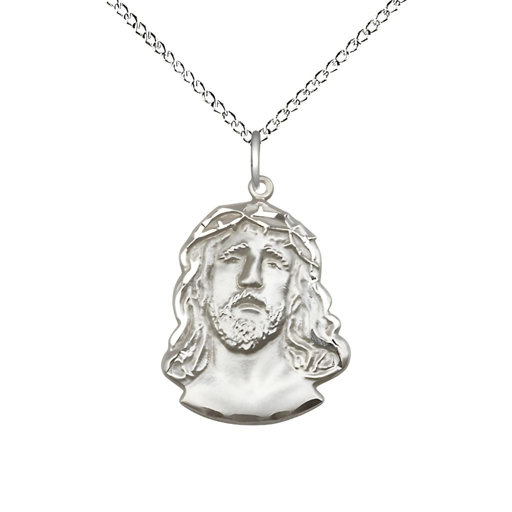 Bliss Profile of the Ecce Homo | Crown of Thorns sterling silver pendant with Sterling Silver Light Curb Chain with Lobster Claw Clasp