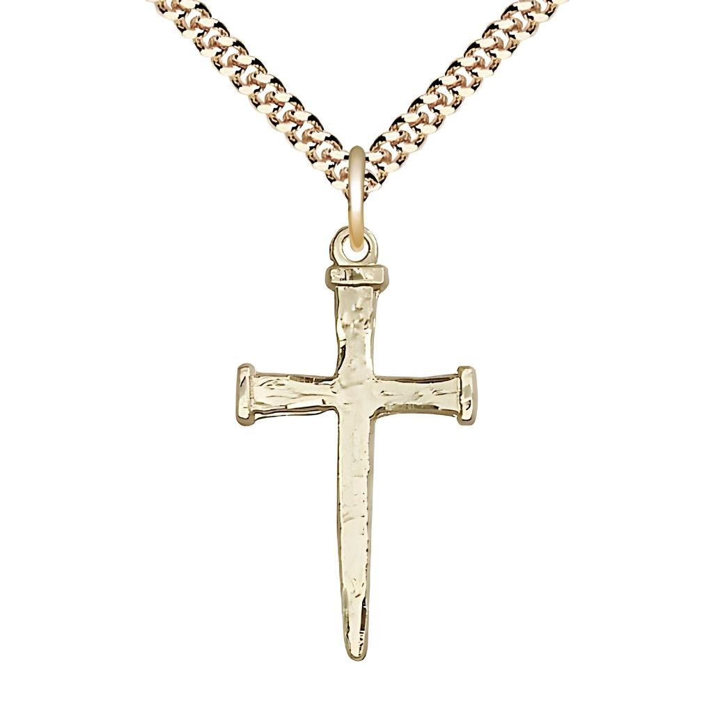Bliss Nail Cross 14kt Gold-filled Pendant Necklace with Gold-plated Heavy Curb Chain, 1 1/8-inch,