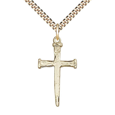 Nail Cross 14kt Gold-filled Pendant Necklace with Gold-plated Heavy Curb Chain, 1 1/8-inch, Bliss Manufacturing
