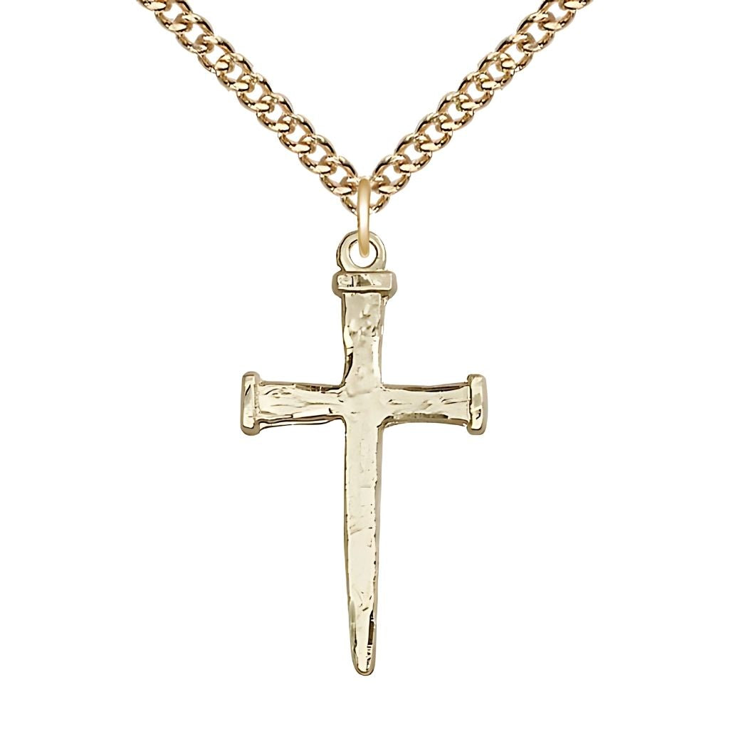 Bliss Nail Cross 14kt Gold-filled Pendant Necklace with Gold-filled Heavy Curb Chain, 1 1/8-inch,