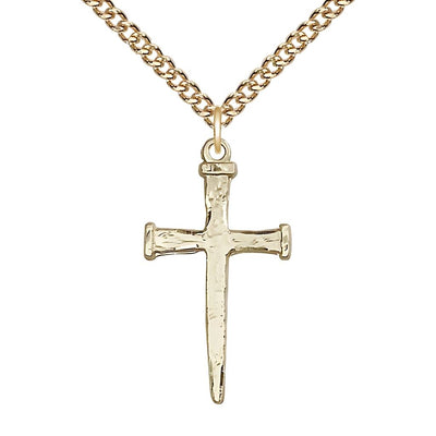 Nail Cross 14kt Gold-filled Pendant Necklace with Gold-filled Heavy Curb Chain, 1 1/8-inch, Bliss Manufacturing