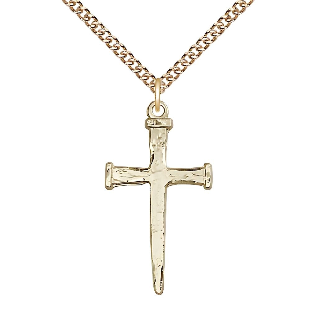 Bliss Nail Cross 14kt Gold Pendant Necklace with 14kt Gold Curb Chain, 1 1/8-inch,