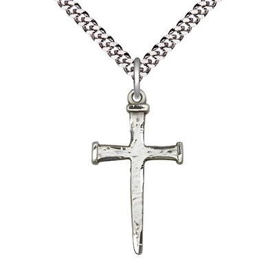 Nail Cross Sterling Silver Pendant Necklace with Rhodium-plated Heavy Curb Chain, 1 1/8-inch, Bliss Manufacturing