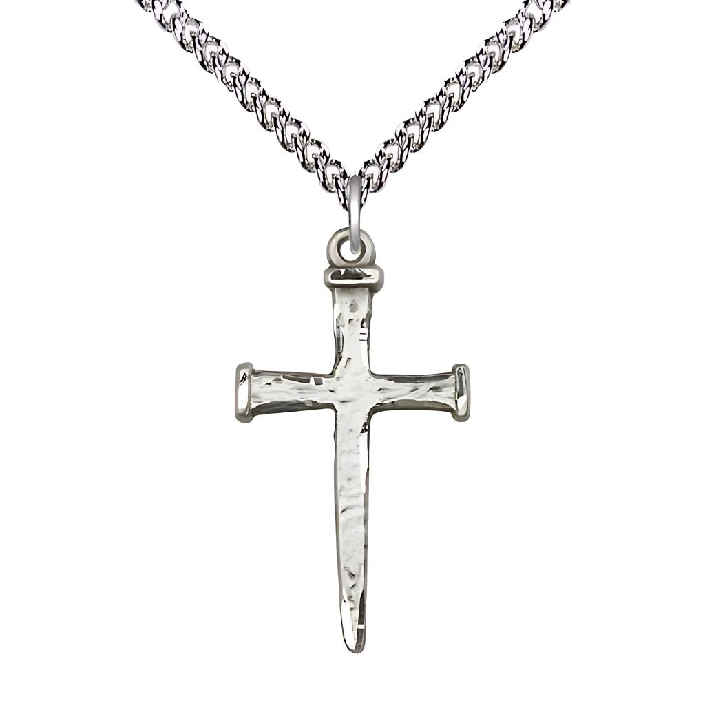 Bliss Nail Cross Sterling Silver Pendant Necklace with Sterling Silver Heavy Curb Chain, 1 1/8-inch,