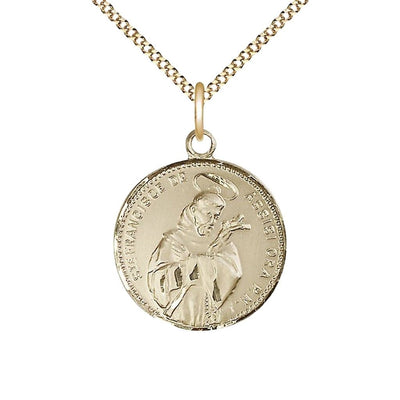 Latin S TE FRANCISCE DE ASSISI ORA P.N. 14kt Gold-filled Medal with Gold-plated Chain, Measures 7/8-inch tall by 3/4-inch wide, Bliss Manufacturing