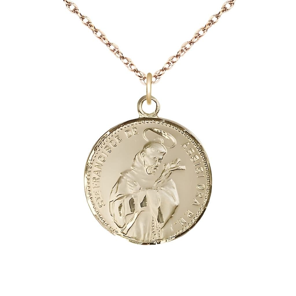 Bliss Latin S TE FRANCISCE DE ASSISI ORA P.N. 14kt Gold Medal with 14kt Gold Rope Chain, Measures 7/8-inch tall by 3/4-inch wide