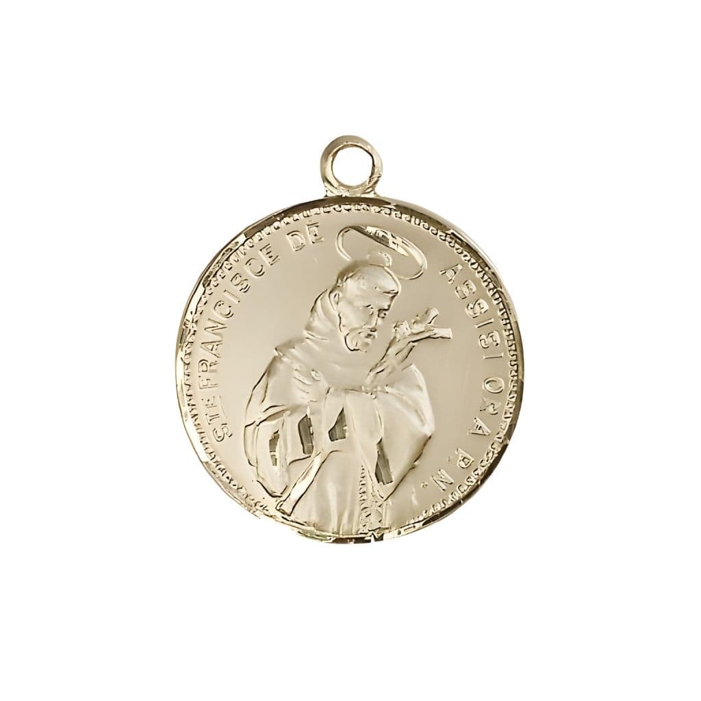 Bliss Latin S TE FRANCISCE DE ASSISI ORA P.N. 14kt Gold Medal, Measures 7/8-inch tall by 3/4-inch wide