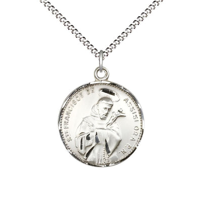 Latin S TE FRANCISCE DE ASSISI ORA P.N. Sterling Silver Medal with Plated Chain, Measures 7/8-inch tall by 3/4-inch wide, Bliss Manufacturing