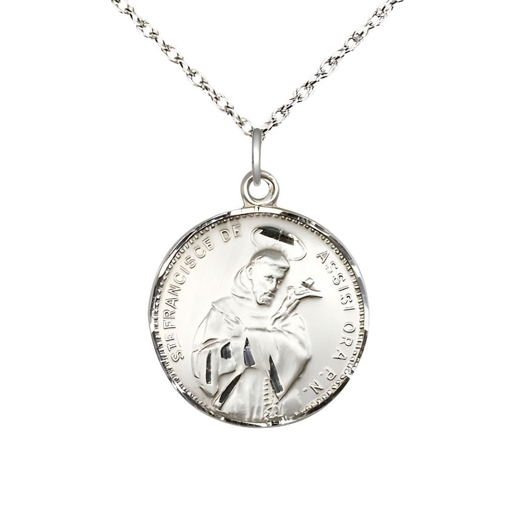 Bliss Latin S TE FRANCISCE DE ASSISI ORA P.N. Sterling Silver Medal with Sterling Silver Rope Chain, Measures 7/8-inch tall by 3/4-inch wide
