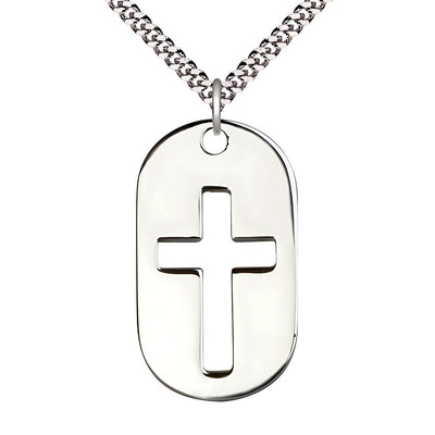 Dog Tag Cross Sterling Silver Pendant Necklace with Rhodium-plated Chain, 1 3/8-inch, Bliss Manufacturing