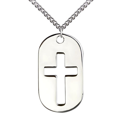 Dog Tag Cross Sterling Silver Pendant Necklace with Sterling Silver Chain, 1 3/8-inch, Bliss Manufacturing