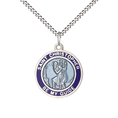 Blue St. Christopher Sterling Silver Medal with Plated Chain, Measures 3/4-inch tall by 5/8-inch wide, Bliss Manufacturing