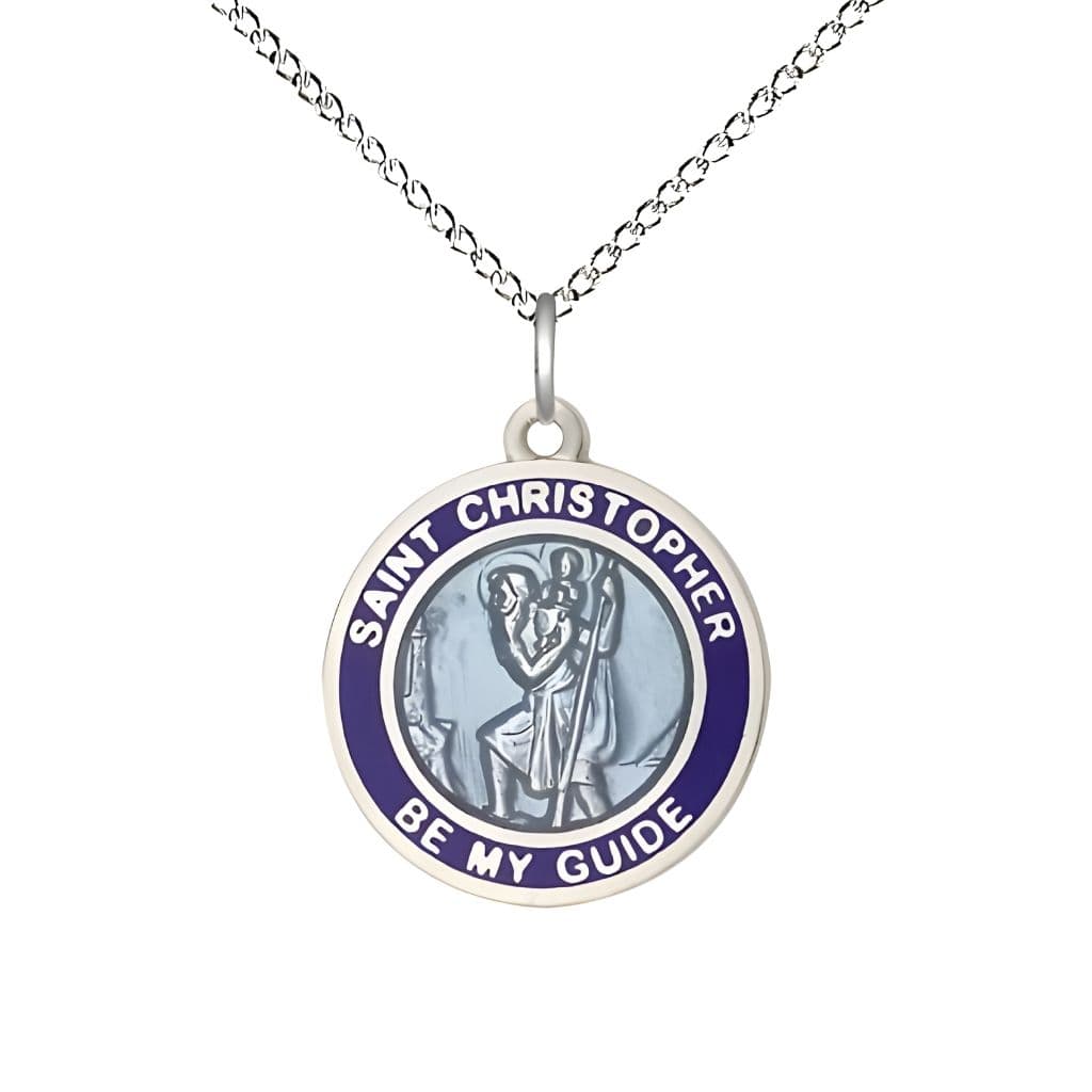 Bliss Blue St. Christopher Sterling Silver Medal with Sterling Chain, Measures 3/4-inch tall by 5/8-inch wide.