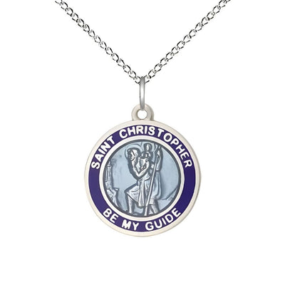 Blue St. Christopher Sterling Silver Medal with Sterling Chain, Measures 3/4-inch tall by 5/8-inch wide, Bliss Manufacturing
