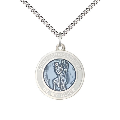 White & Blue St. Christopher Sterling Silver Medal with Plated Chain, Measures 3/4-inch tall by 5/8-inch wide, Bliss Manufacturing