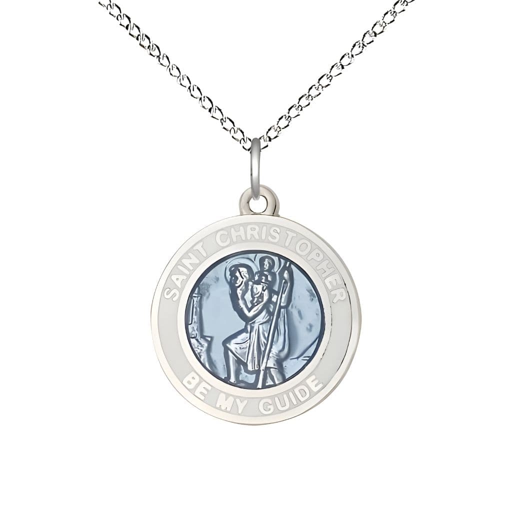 Bliss White & Blue St. Christopher Sterling Silver Medal with Sterling Chain, Measures 3/4-inch tall by 5/8-inch wide.