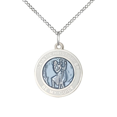 White & Blue St. Christopher Sterling Silver Medal with Sterling Chain, Measures 3/4-inch tall by 5/8-inch wide, Bliss Manufacturing