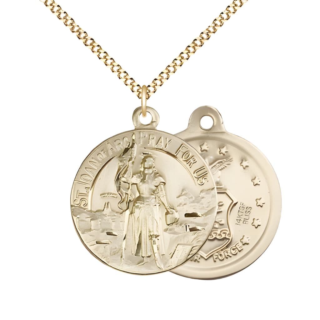 Bliss Air Force St. Joan of Arc 14kt Gold-filled Oval Medal Pendant with Gold-plated Chain, Measures 7/8-inch tall by 3/4-inch wide. Deluxe Gift Box.