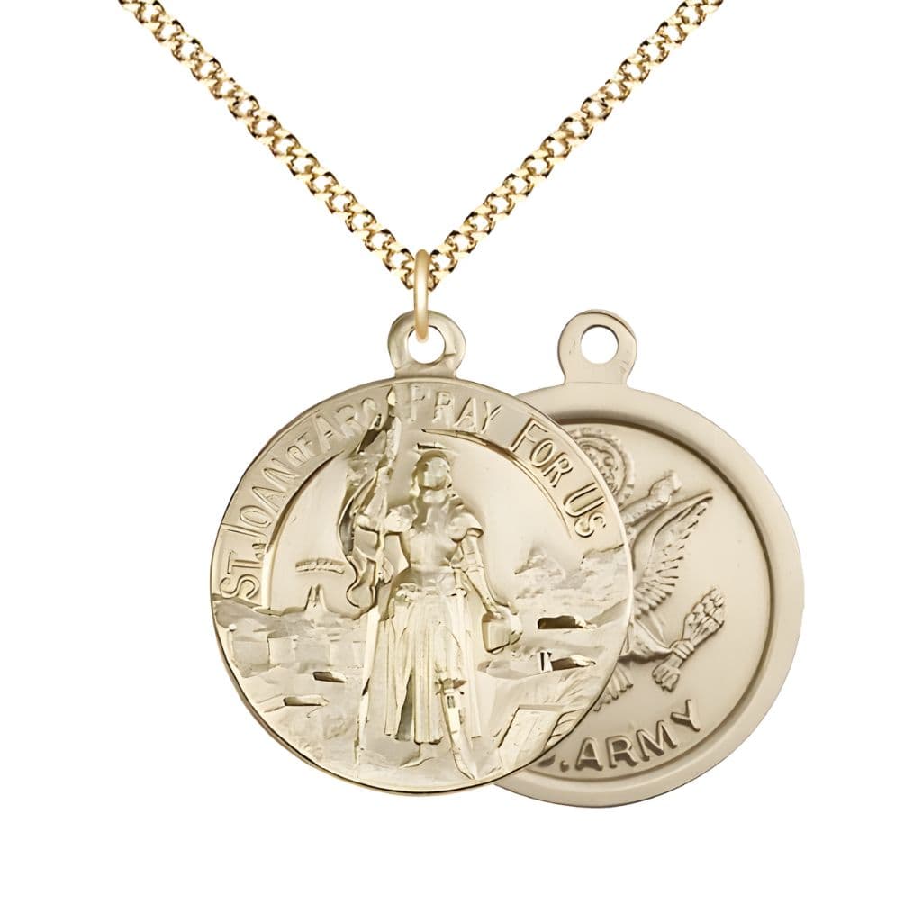 Bliss Army St. Joan of Arc 14kt Gold-filled Oval Medal Pendant with Gold-plated Chain, Measures 7/8-inch tall by 3/4-inch wide. Deluxe Gift Box.