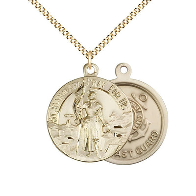 Coast Guard St. Joan of Arc 14kt Gold-filled Oval Medal Pendant with Gold-plated Chain, Measures 7/8-inch tall by 3/4-inch wide. Deluxe Gift Box, Bliss Manufacturing