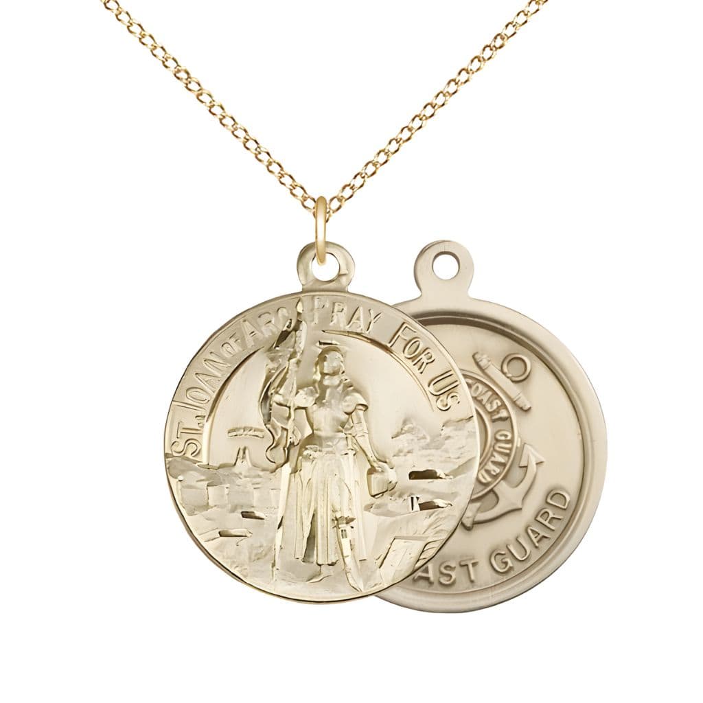 Bliss Coast Guard St. Joan of Arc 14kt Gold-filled Oval Medal Pendant with Gold-filled Chain, Measures 7/8-inch tall by 3/4-inch wide. Deluxe Gift Box.