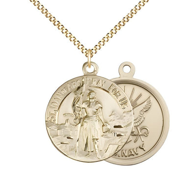 Navy St. Joan of Arc 14kt Gold-filled Oval Medal Pendant with Gold-plated Chain, Measures 7/8-inch tall by 3/4-inch wide. Deluxe Gift Box, Bliss Manufacturing
