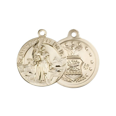 Air Force St. Joan of Arc 14kt Gold Oval Medal Pendant, Measures 7/8-inch tall by 3/4-inch wide. Deluxe Gift Box, Bliss Manufacturing