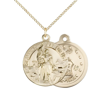 Air Force St. Joan of Arc 14kt Gold Oval Medal Pendant with 14kt Gold Chain, Measures 7/8-inch tall by 3/4-inch wide. Deluxe Gift Box, Bliss Manufacturing