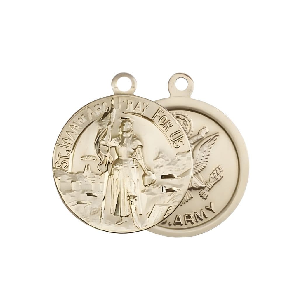 Bliss Army St. Joan of Arc 14kt Gold Oval Medal Pendant, Measures 7/8-inch tall by 3/4-inch wide. Deluxe Gift Box.