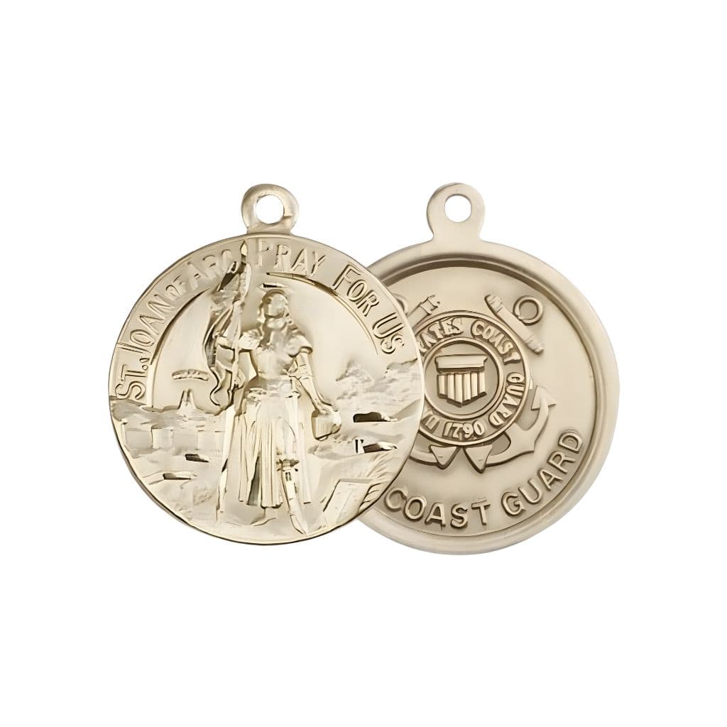 Bliss Coast Guard St. Joan of Arc 14kt Gold Oval Medal Pendant, Measures 7/8-inch tall by 3/4-inch wide. Deluxe Gift Box.