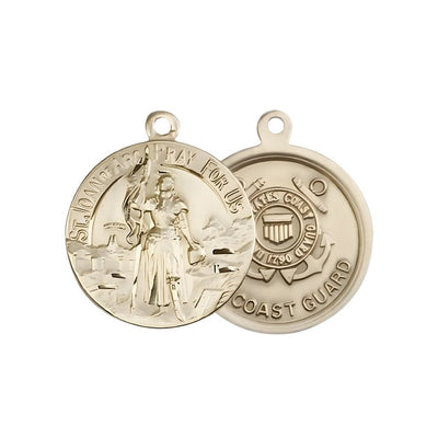 Coast Guard St. Joan of Arc 14kt Gold Oval Medal Pendant, Measures 7/8-inch tall by 3/4-inch wide. Deluxe Gift Box, Bliss Manufacturing