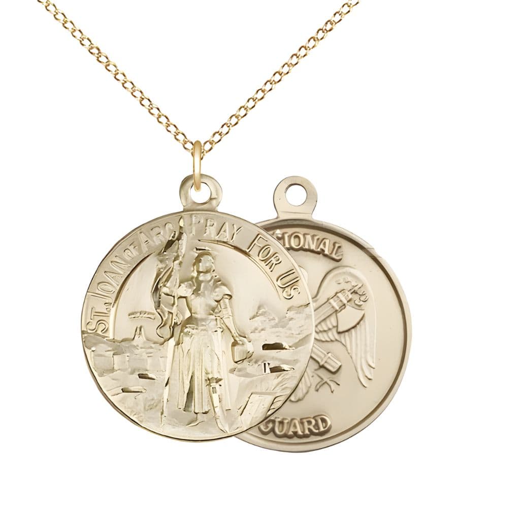 Bliss National Guard St. Joan of Arc 14kt Gold Oval Medal Pendant with 14kt Gold Chain, Measures 7/8-inch tall by 3/4-inch wide. Deluxe Gift Box.