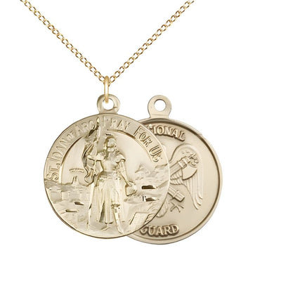 National Guard St. Joan of Arc 14kt Gold Oval Medal Pendant with 14kt Gold Chain, Measures 7/8-inch tall by 3/4-inch wide. Deluxe Gift Box, Bliss Manufacturing