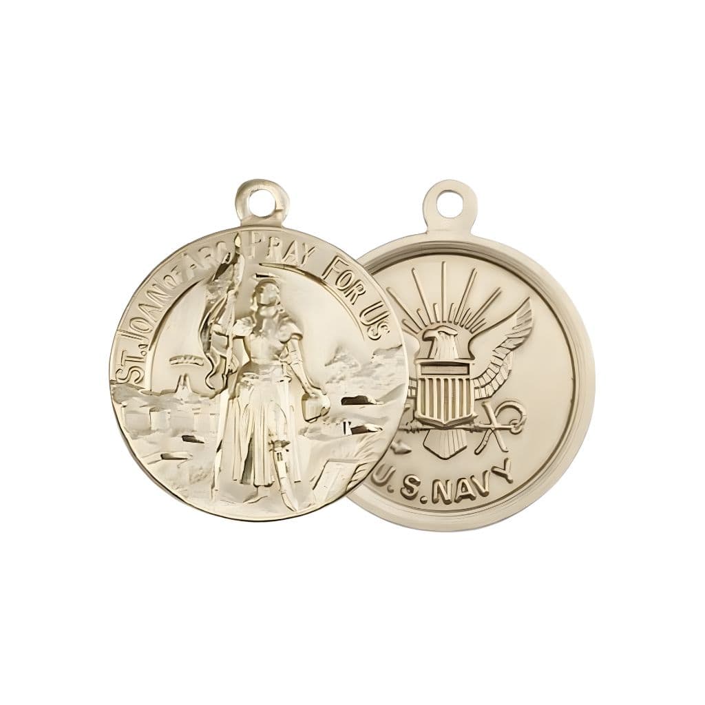 Bliss Navy St. Joan of Arc 14kt Gold Oval Medal Pendant, Measures 7/8-inch tall by 3/4-inch wide. Deluxe Gift Box.