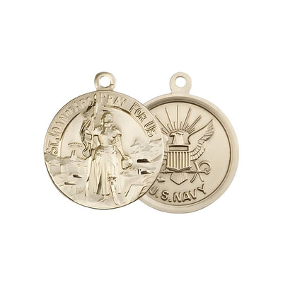 Navy St. Joan of Arc 14kt Gold Oval Medal Pendant, Measures 7/8-inch tall by 3/4-inch wide. Deluxe Gift Box, Bliss Manufacturing
