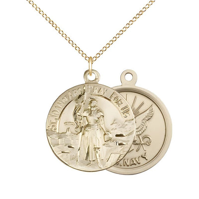 Navy St. Joan of Arc 14kt Gold Oval Medal Pendant with 14kt Gold Chain, Measures 7/8-inch tall by 3/4-inch wide. Deluxe Gift Box, Bliss Manufacturing