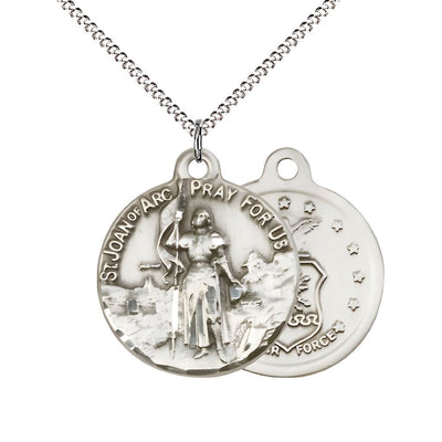 Air Force St. Joan of Arc Sterling Silver Oval Medal Pendant with Rhodium-plated Chain, Measures 7/8-inch tall by 3/4-inch wide. Deluxe Gift Box, Bliss Manufacturing