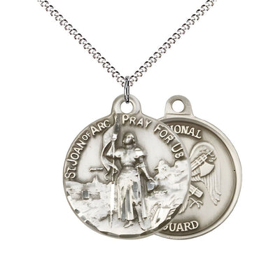 National Guard St. Joan of Arc Sterling Silver Oval Medal Pendant with Rhodium-plated Chain, Measures 7/8-inch tall by 3/4-inch wide. Deluxe Gift Box, Bliss Manufacturing