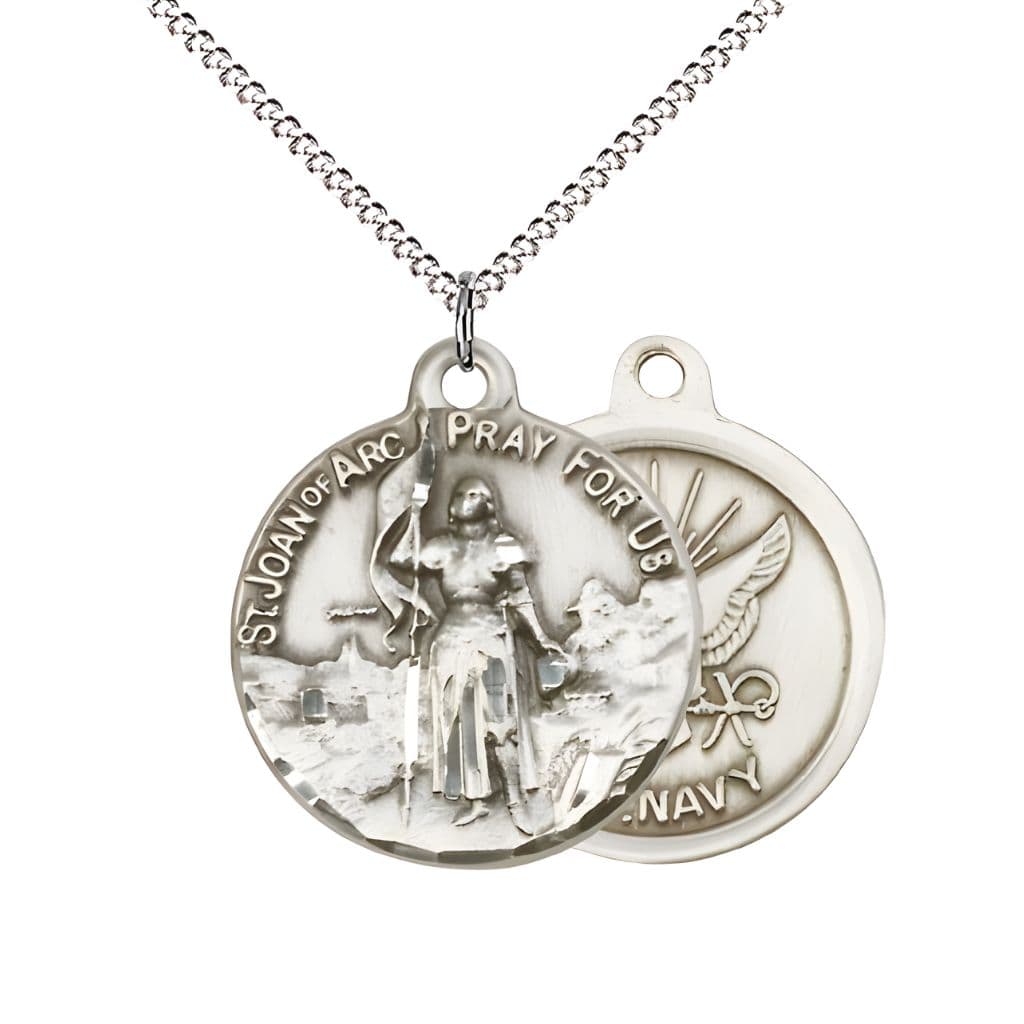 Bliss Navy St. Joan of Arc Sterling Silver Oval Medal Pendant with Rhodium-plated Chain, Measures 7/8-inch tall by 3/4-inch wide. Deluxe Gift Box.