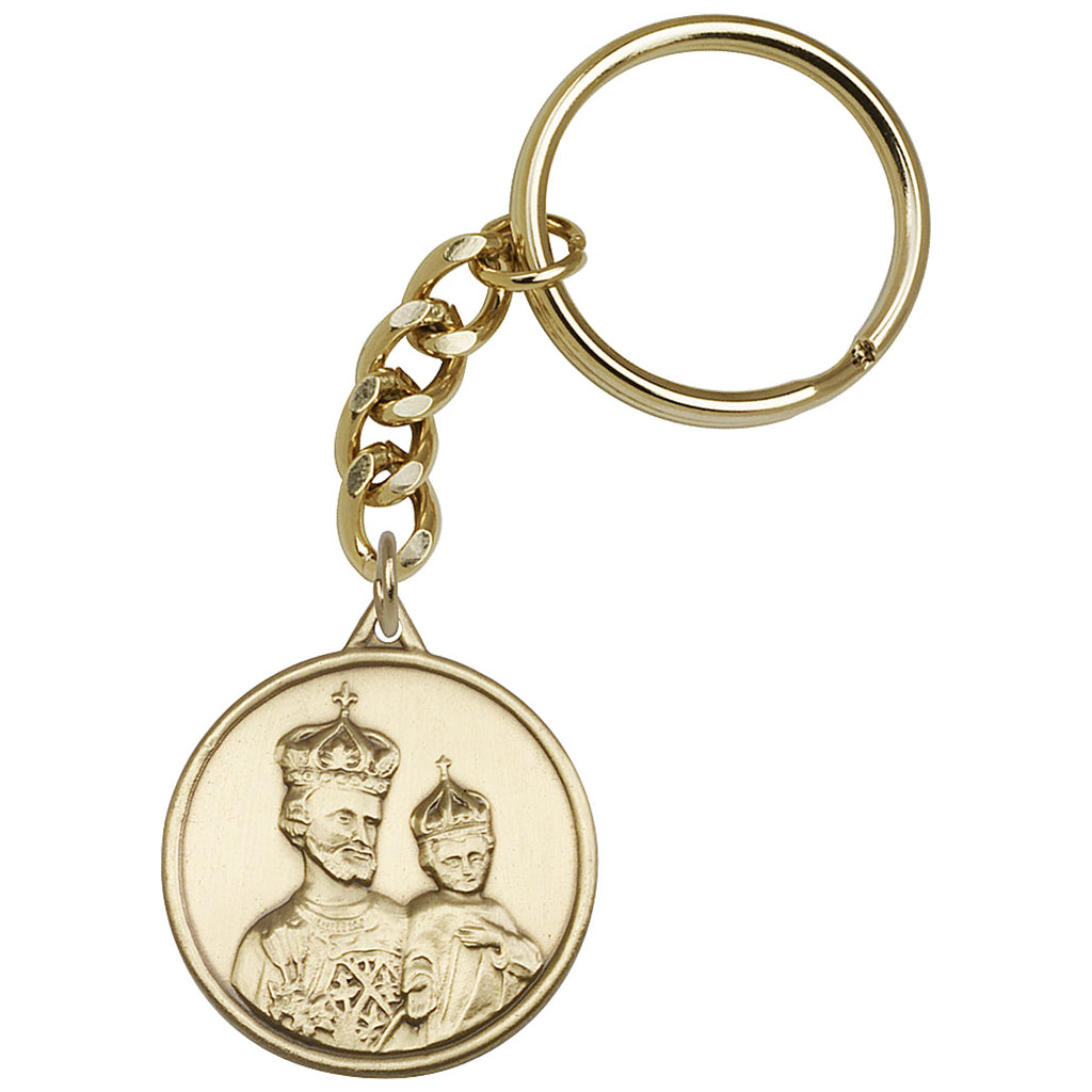 Gold Round Crowned St Joseph and Child Jesus Key Chain