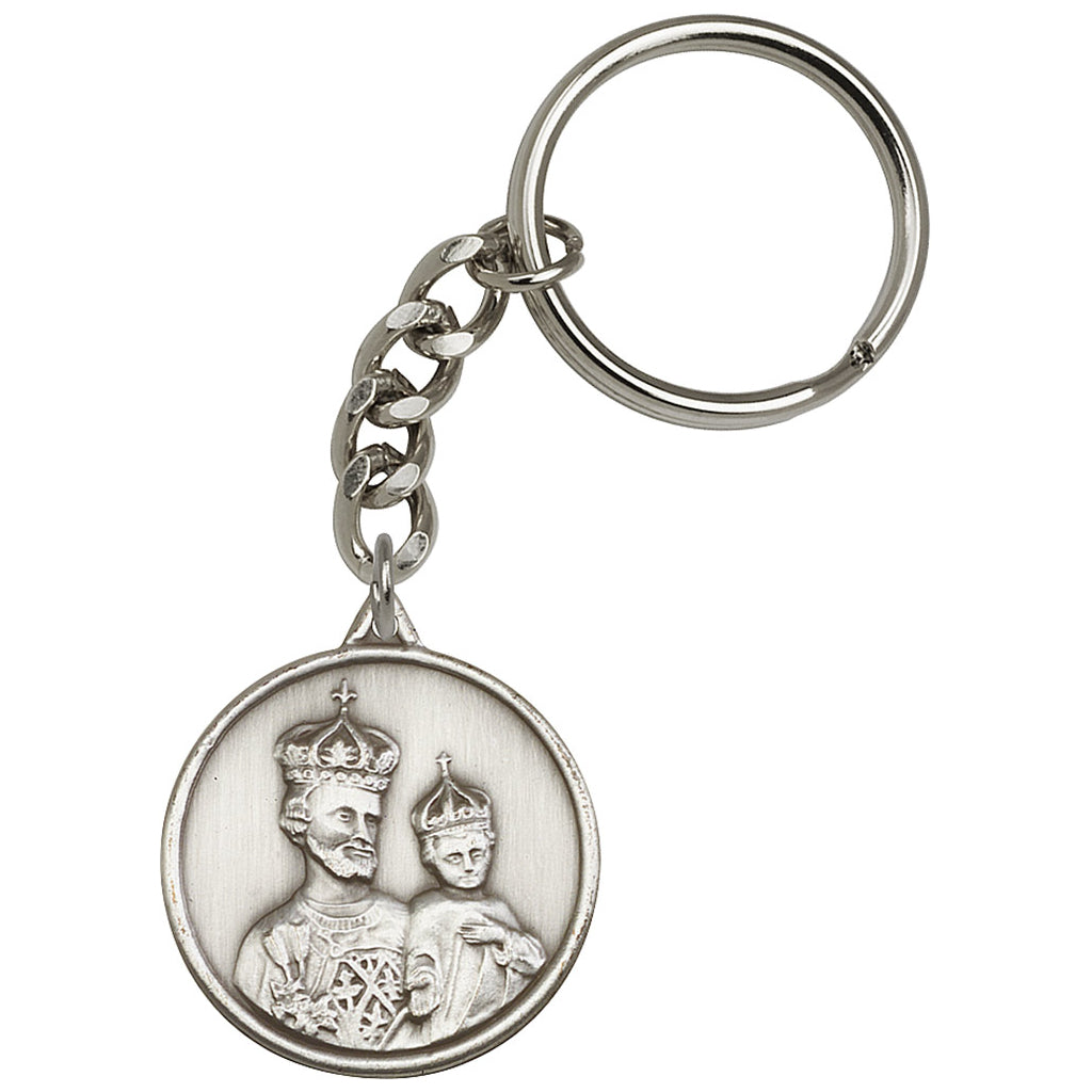 Pewter Round Crowned St Joseph and Child Jesus Key Chain