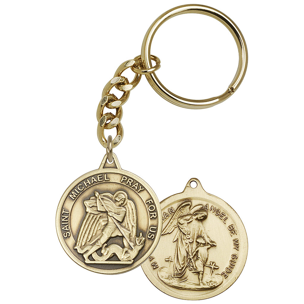 St Michael gold Key Chain with the Guardian Angel Back