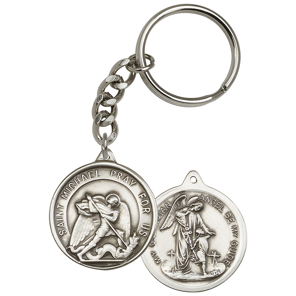 St Michael Pewter Key Chain with the Guardian Angel Back