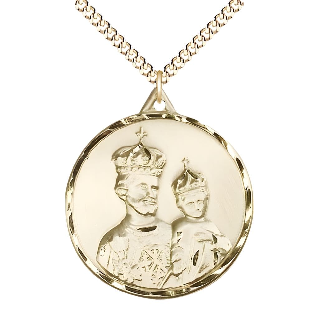 Bliss Large St Joseph and Child Jesus Wearing Crowns 14kt Gold-filled Pendant Necklace with Gold-plated Chain, Measures 1 3/8-inch tall by 1 1/8-inch wide.