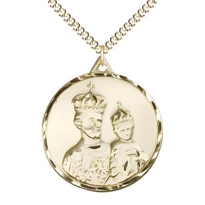 Large St Joseph and Child Jesus Wearing Crowns 14kt Gold-filled Pendant Necklace with Gold-plated Chain, Measures 1 3/8-inch tall by 1 1/8-inch wide, Bliss Manufacturing