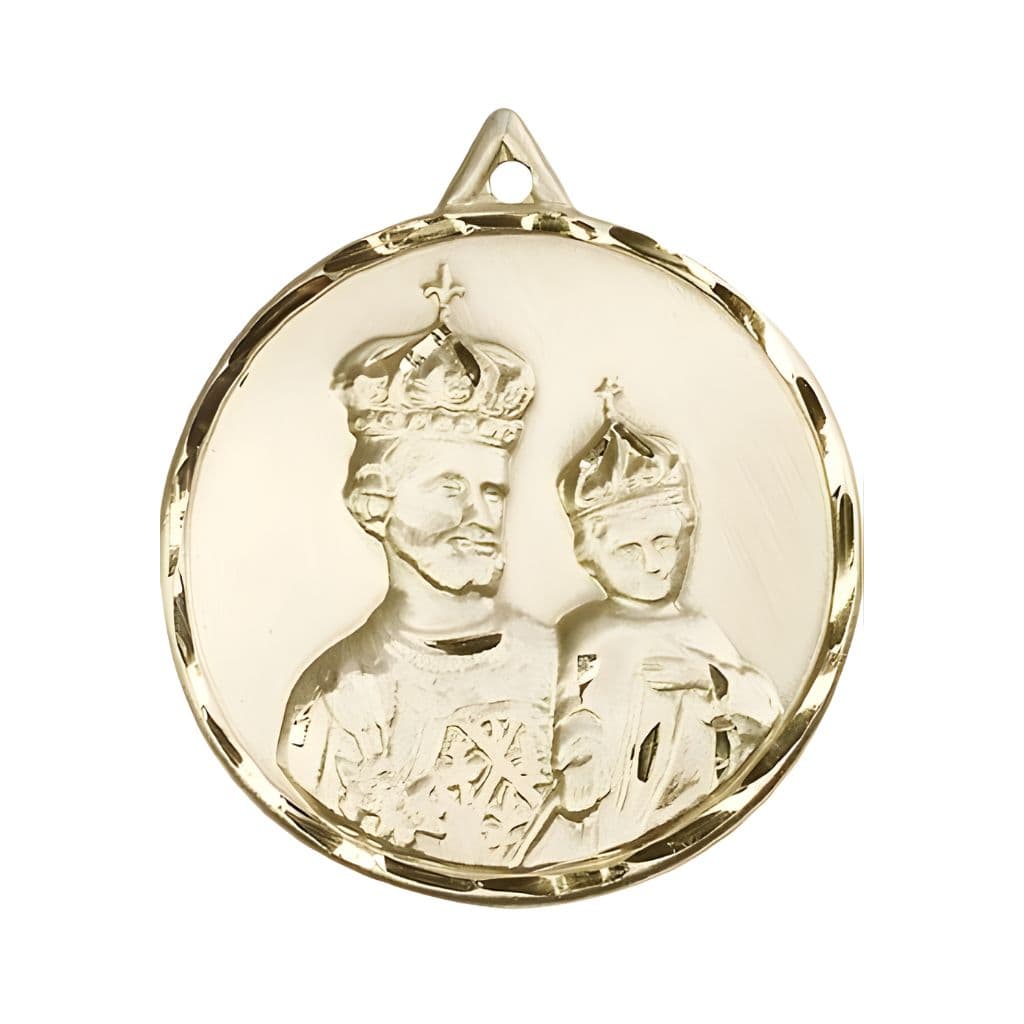 Bliss Large St Joseph and Child Jesus Wearing Crowns 14kt Gold Medal, Measures 1 3/8-inch tall by 1 1/8-inch wide.